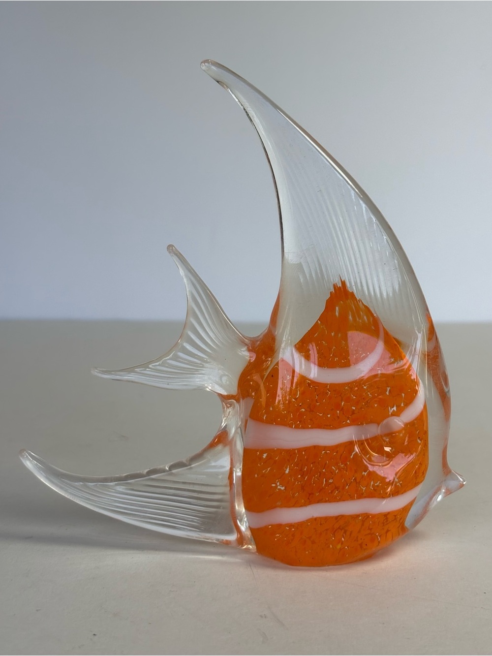 Hand Blown Glass Angelfish Figurine Orange White Controlled Bubble Murano Style